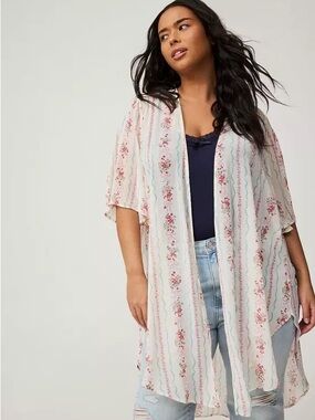torrid Cream Floral Sheer Duster Cardigan with Pink & Green Stripes